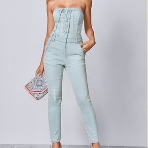 Lace up denim jumpsuit